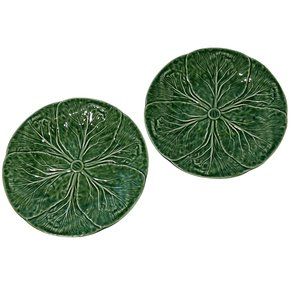Bordallo Pinheiro Dinner Plate Lot 2 Cabbage Leaf Green Portugal Majolica 10.25"